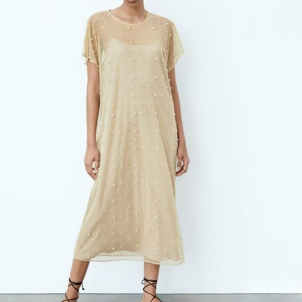 ZARA KNIT DRESS WITH PEARLS ECRU Sz XS-S